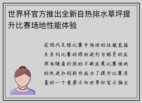 世界杯官方推出全新自热排水草坪提升比赛场地性能体验 世界杯官方推出全新自热排水草坪提升比赛场地性能体验